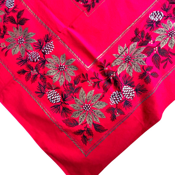 Vintage Christmas Holiday rectangle Tablecloth red gold leaves white pinecones - Picture 8 of 9